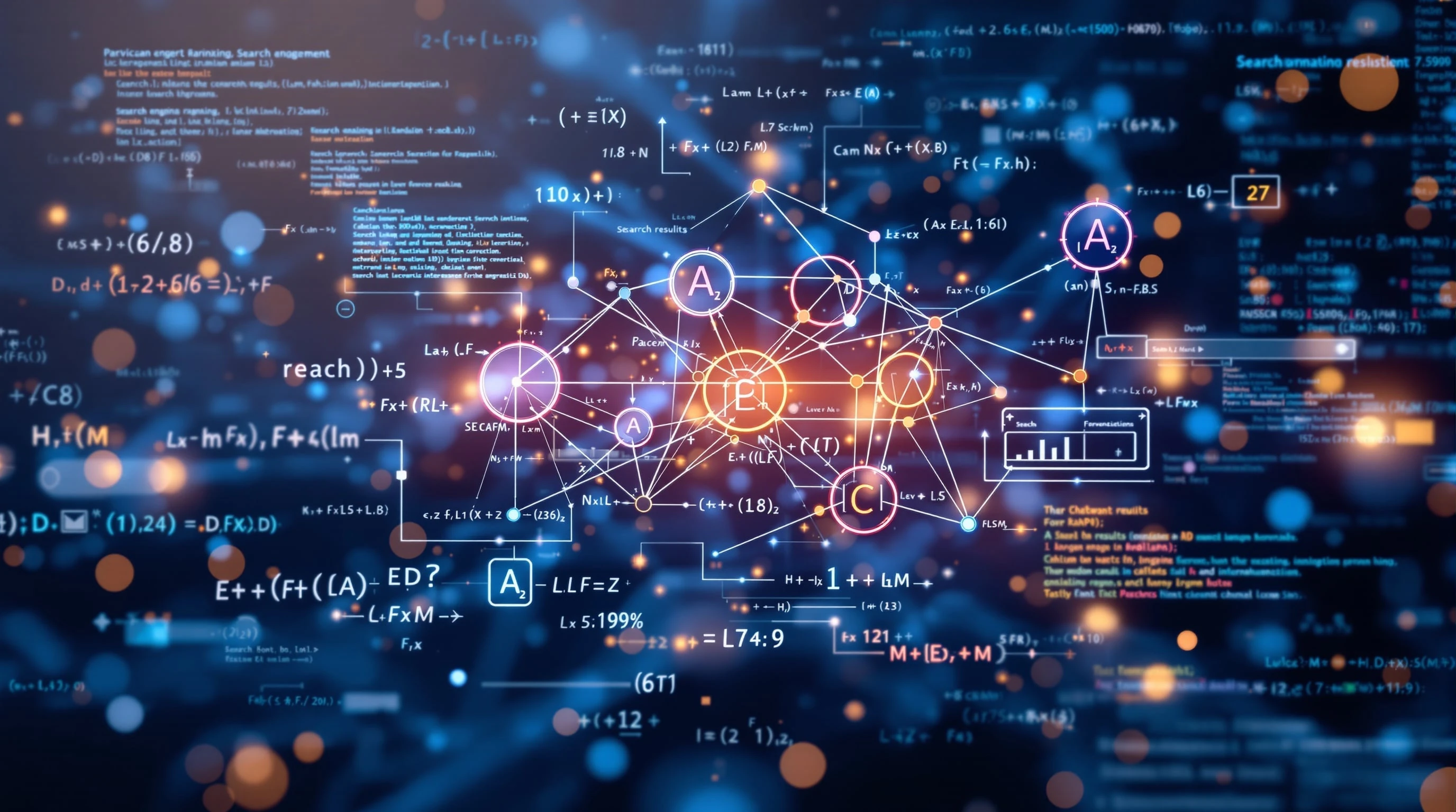 Abstract visualization of Google PageRank algorithm showing network graphs, mathematical formulas, and search ranking concepts