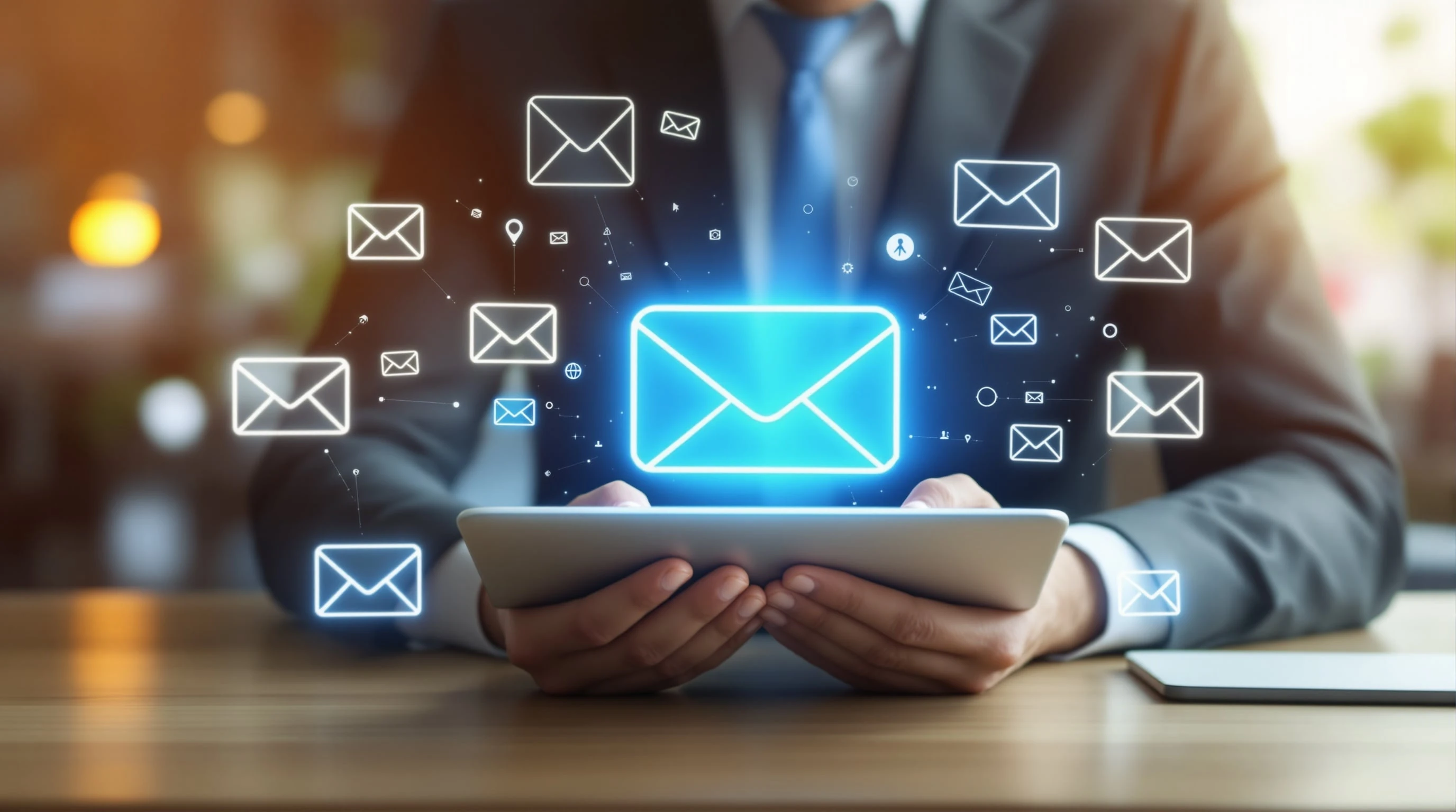 Professional marketer conducting personalized email outreach for guest posting and link building from a modern office workspace