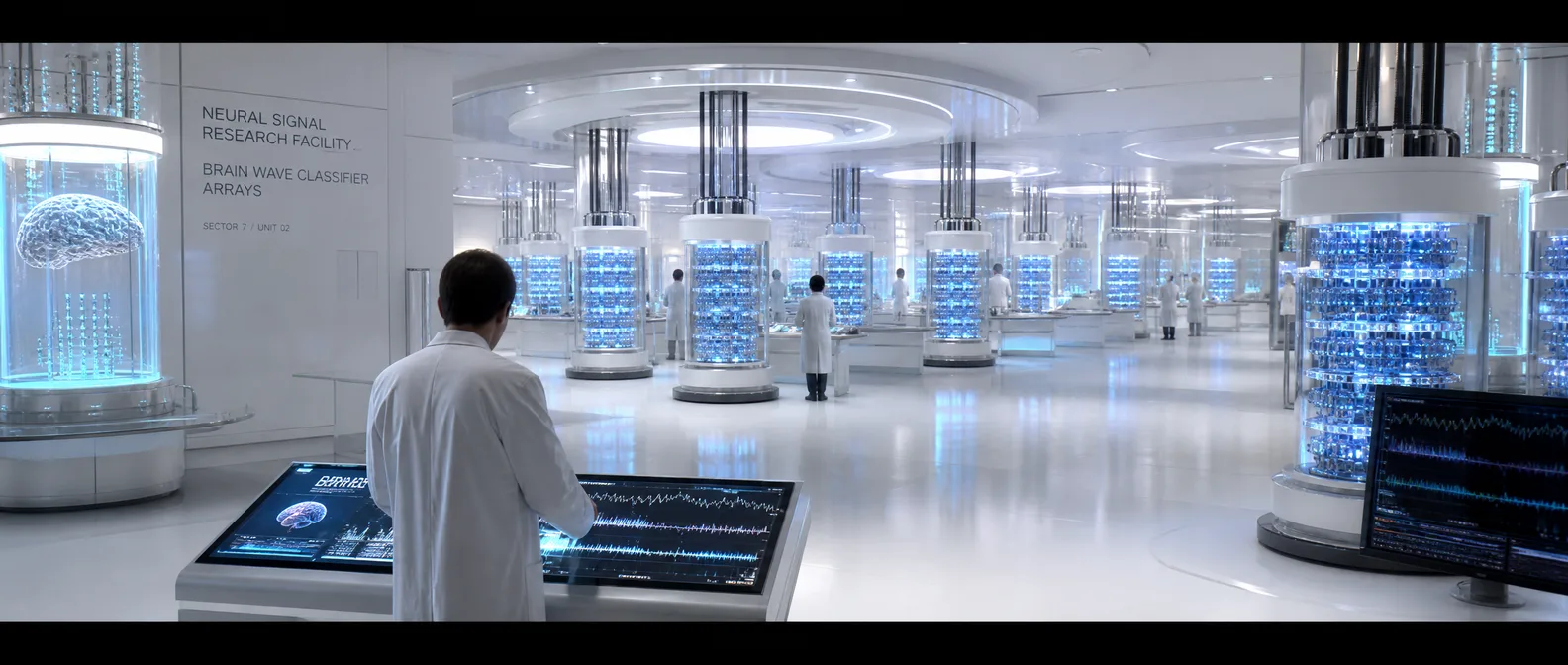 A vast subterranean neural-signal laboratory, the Antenna, glowing with distributed brain-wave classifiers — The Guilt Horizon, Chapter Two