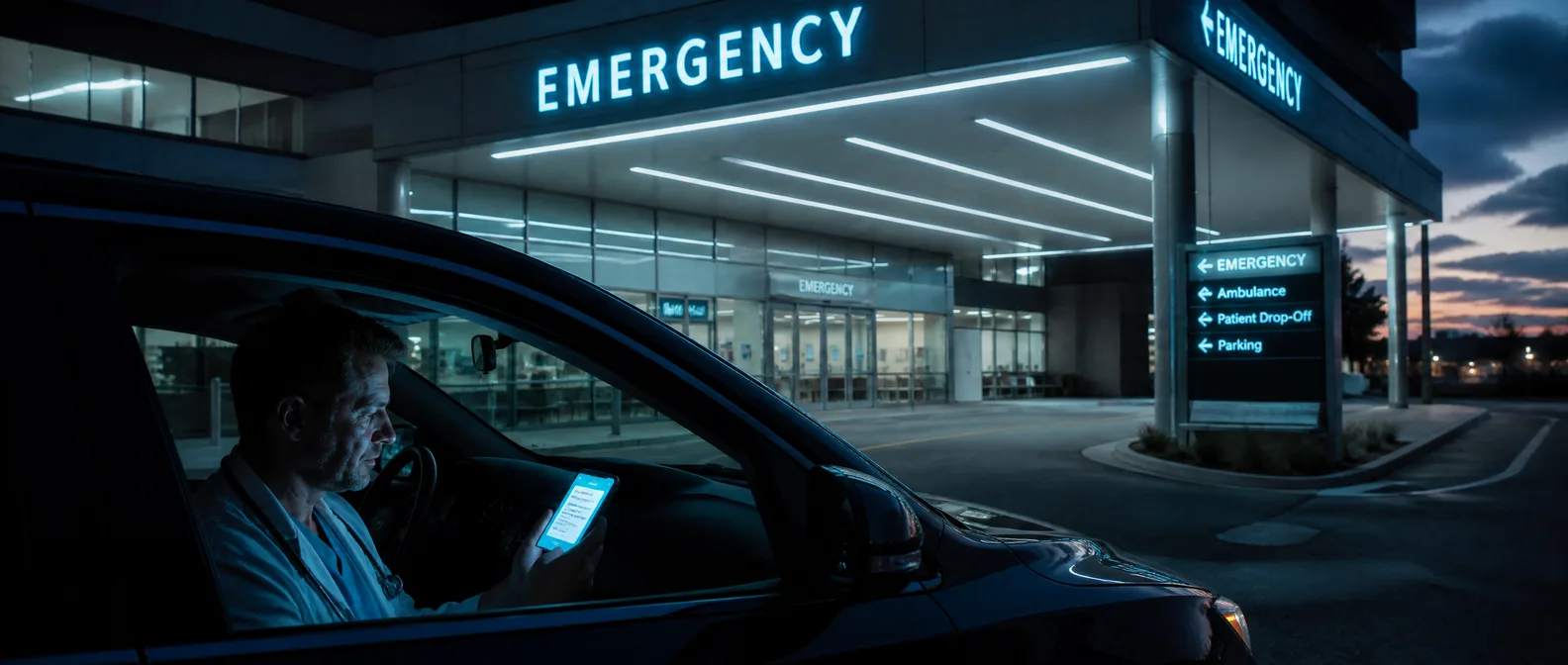 A physician in a parked car beneath a hospital emergency entrance reading a message that vanishes from a black screen — The Guilt Horizon, Chapter Three