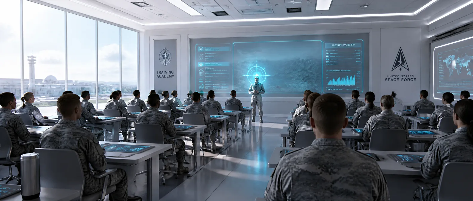 A training-academy classroom of recruits as windows turn cobalt and a blue targeting point rests over an instructor — The Guilt Horizon, Chapter Five