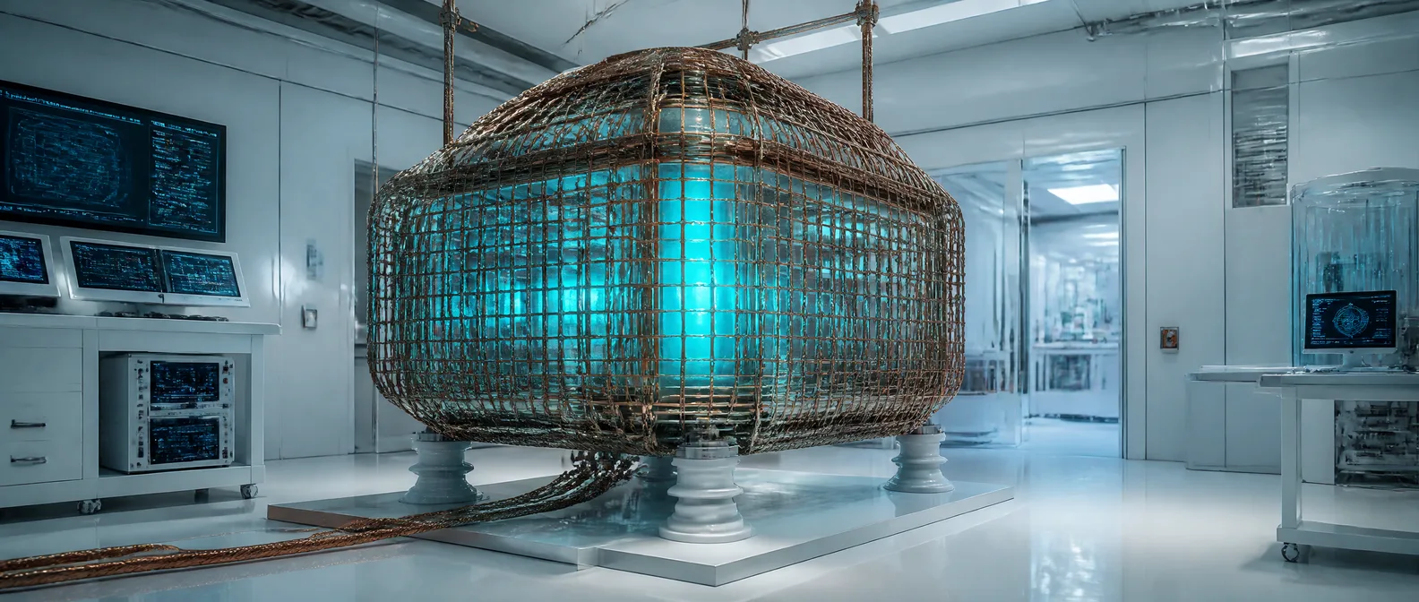 A braided-copper Faraday chamber suspended on ceramic feet beneath a bunker, sealing away all signals — The Guilt Horizon, Chapter Six