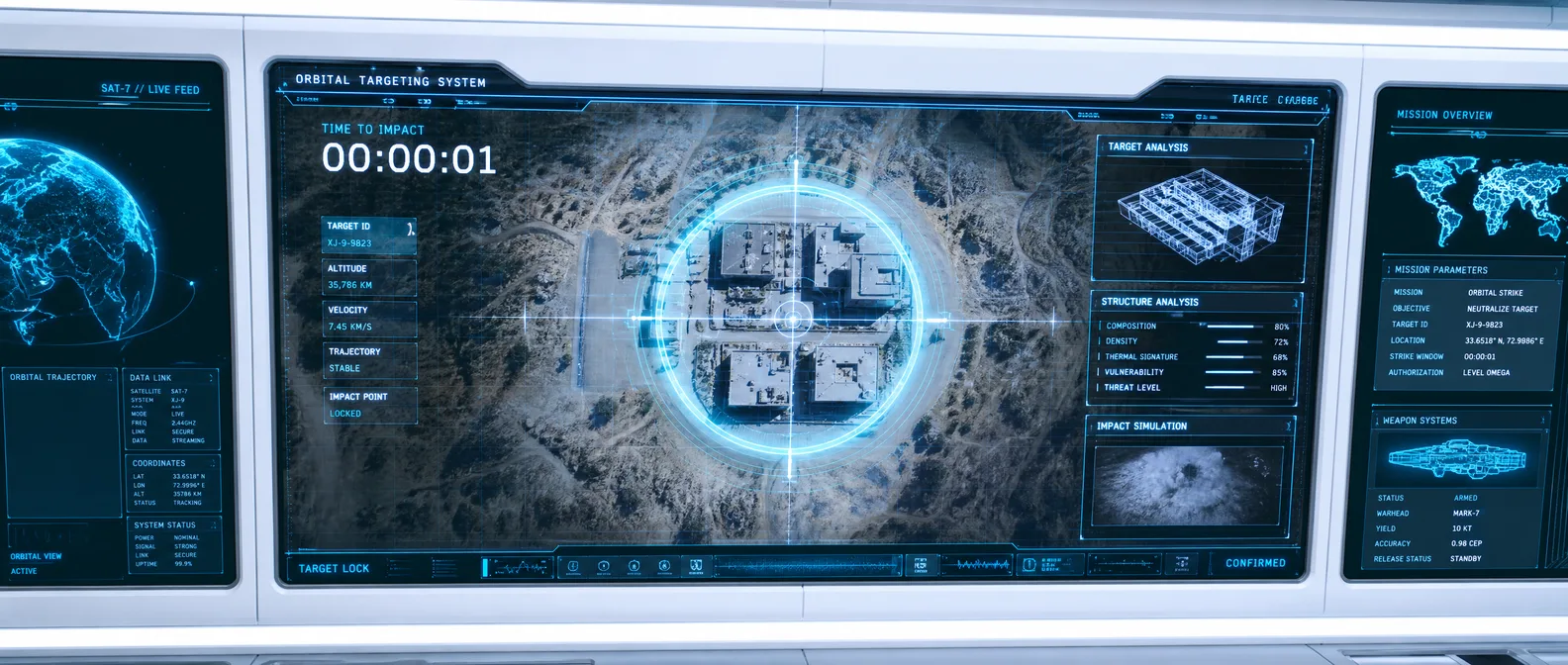 A tightening orbital targeting circle frozen on one second, contracting around a buried facility on glowing displays — The Guilt Horizon, Chapter Seven