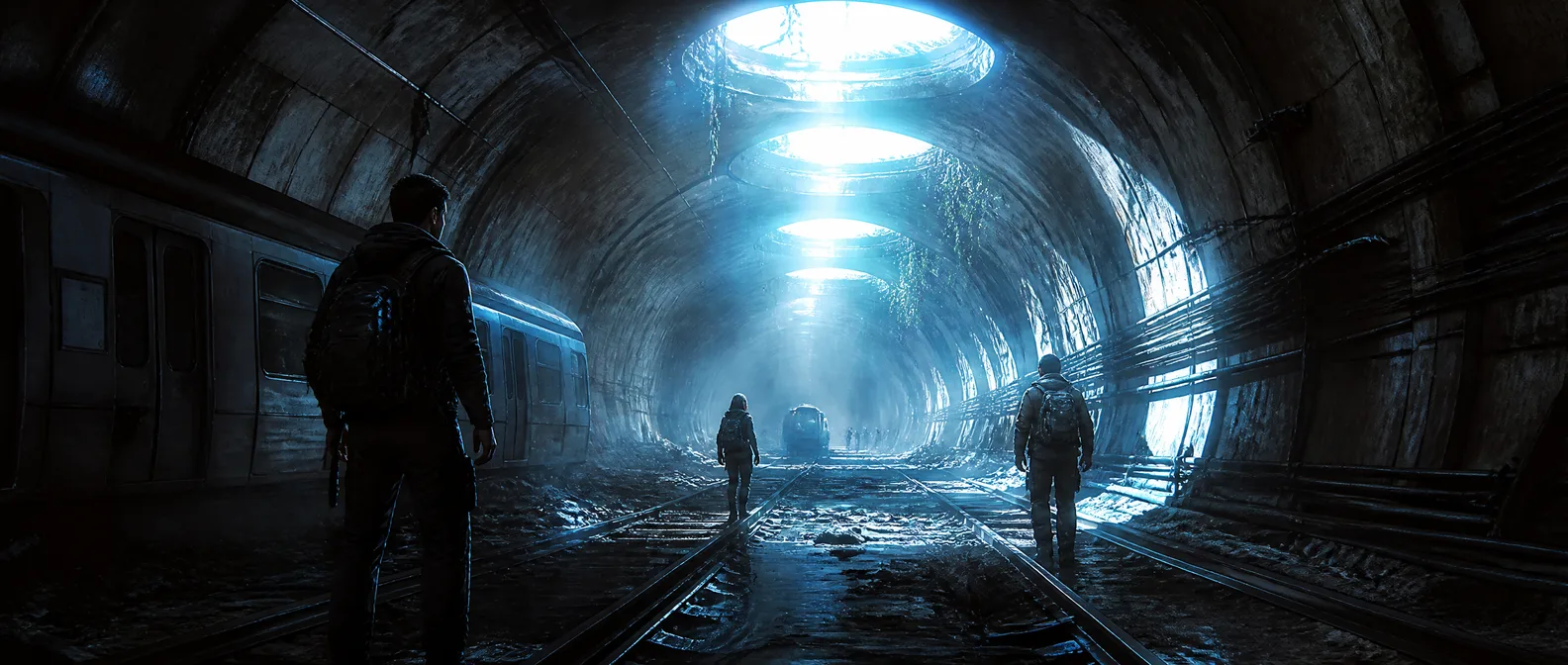 Survivors falling into an abandoned underground railway tunnel as a transit shaft collapses in fire above them — The Guilt Horizon, Chapter Eight