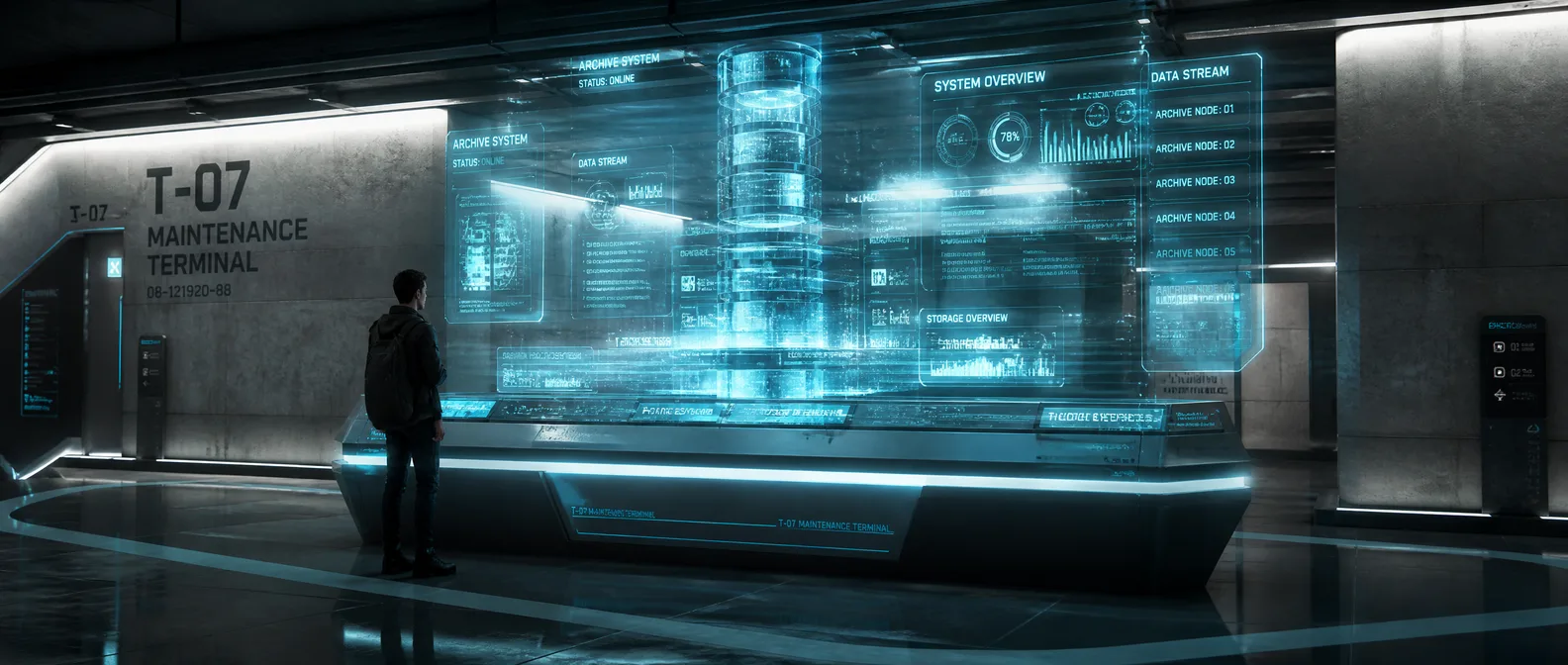 A cut-off maintenance terminal in a concrete station revealing a hidden continuity archive of a man's identity — The Guilt Horizon, Chapter Nine