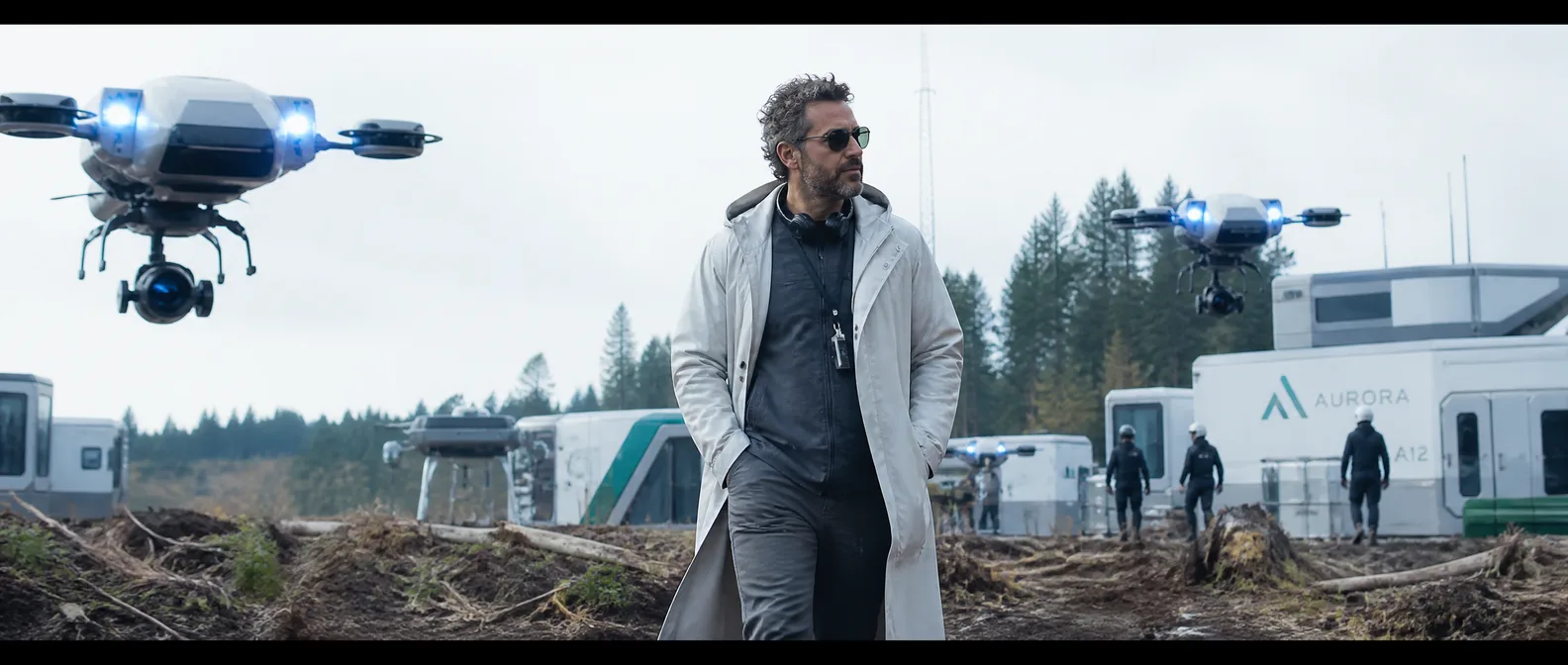 A composed director in a charcoal coat walking through heat-distorted air at a still-smoking crater as drones film — The Guilt Horizon, Chapter Ten