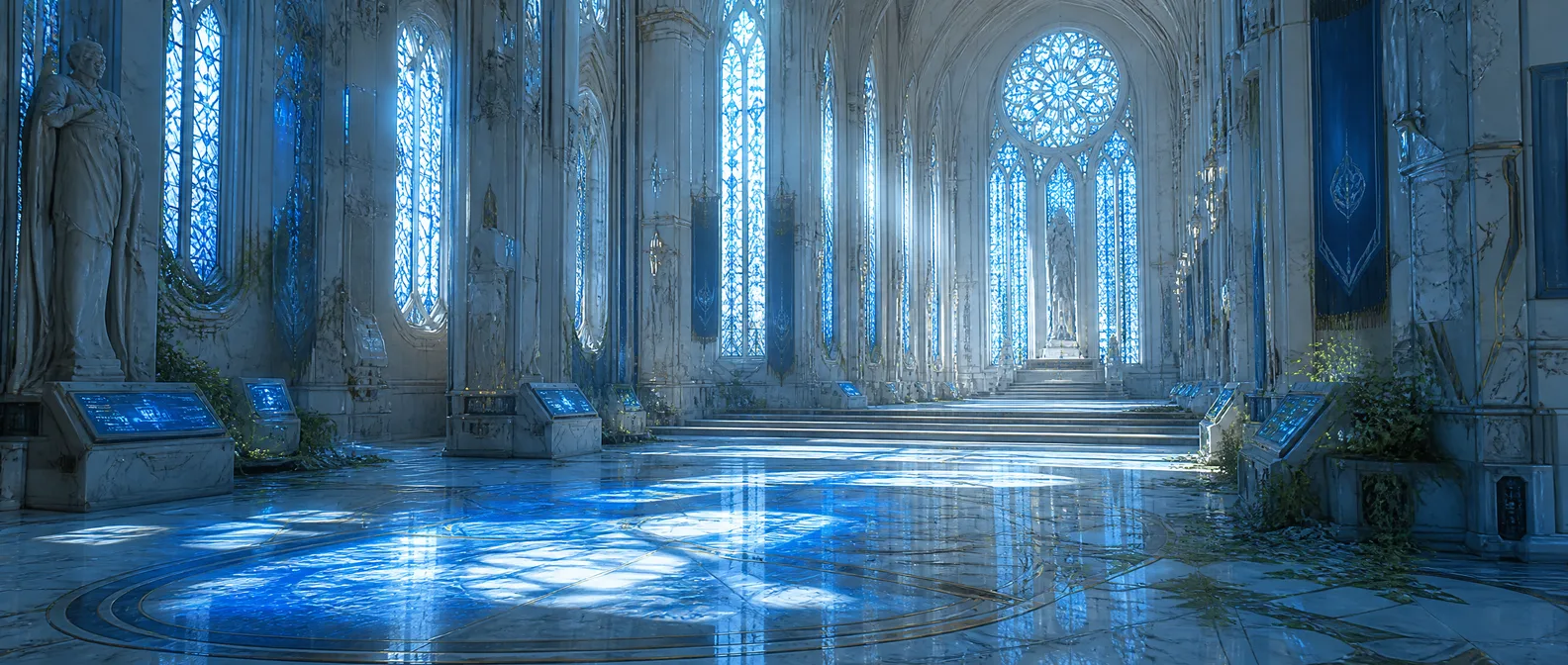A decommissioned cathedral with a collapsed altar, morning light through broken blue glass painting geometric dust — The Guilt Horizon, Chapter Eleven