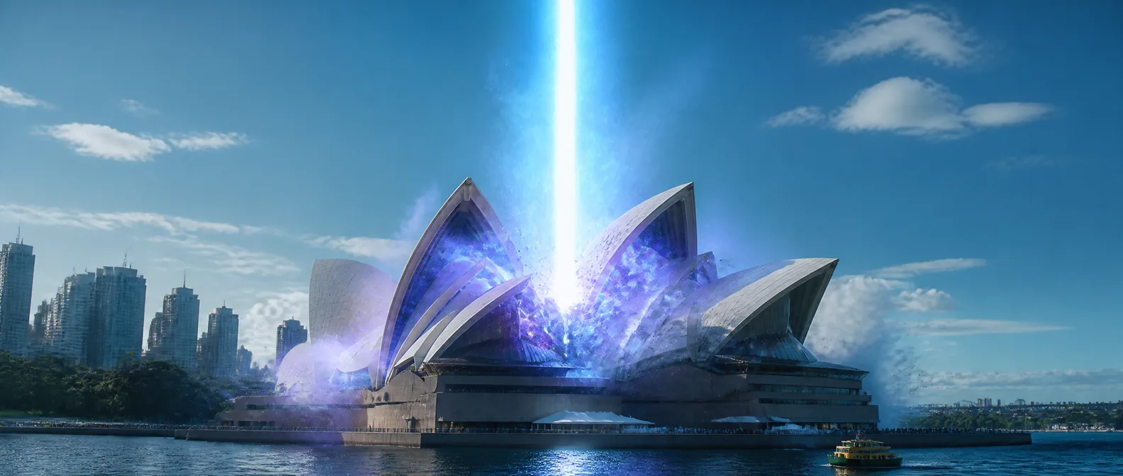 A blue-white orbital beam cutting through an opera-house roof and three floors exactly where a woman had stood — The Guilt Horizon, Chapter Fifteen