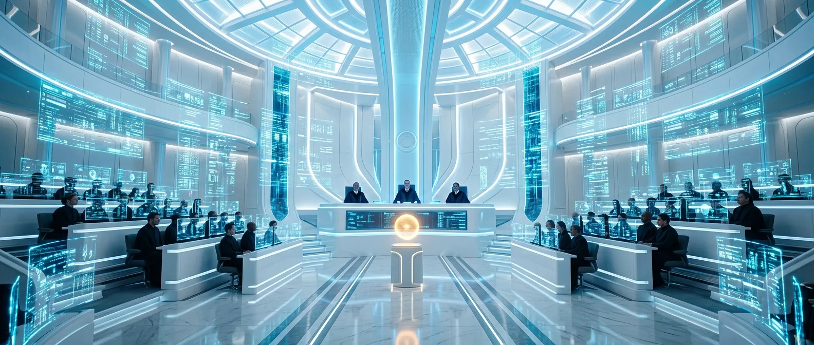 A cold algorithmic tribunal weighing a single warm mercy variable among rows of judgment displays — The Guilt Horizon, Chapter Sixteen