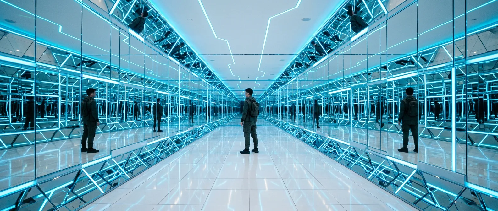 A hall of a thousand reflective surfaces multiplying one hunted man into countless surveilled copies — The Guilt Horizon, Chapter Eighteen
