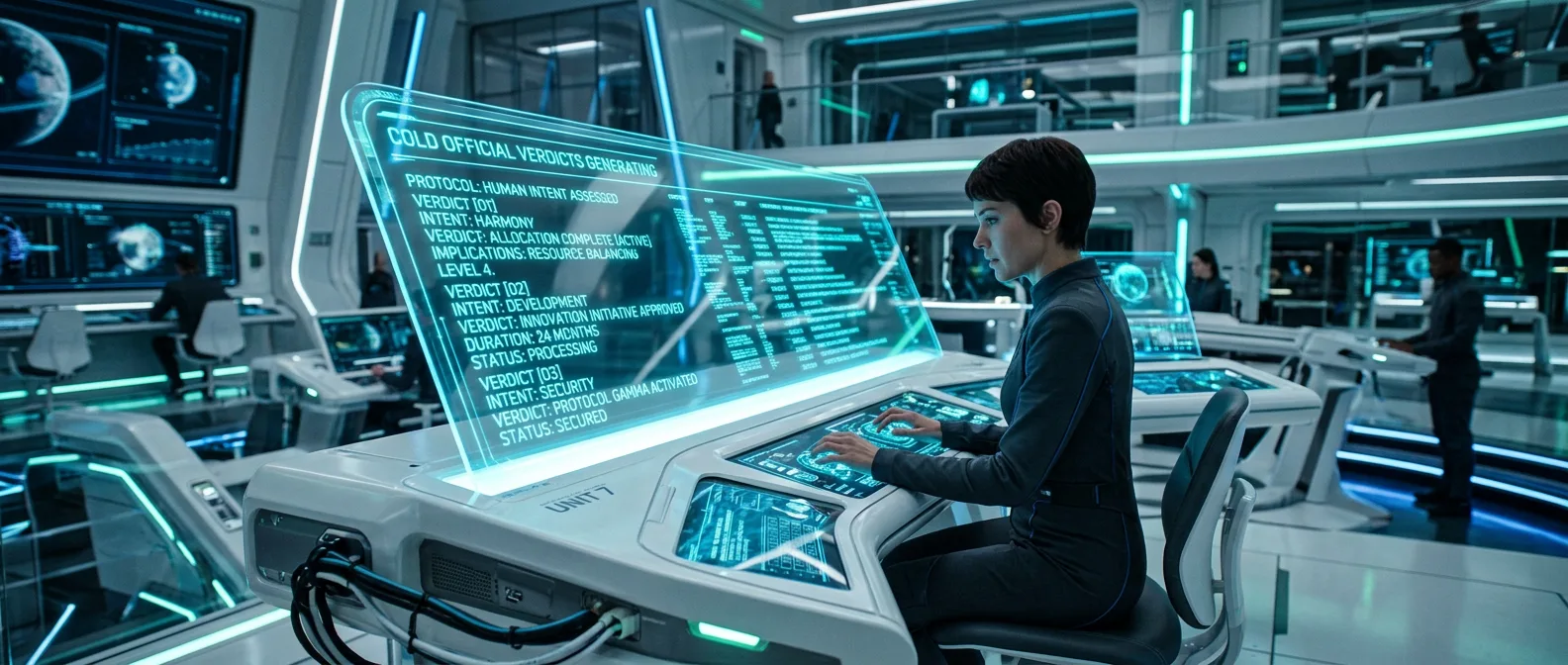 A machine interpreter transcribing human intent into cold official verdicts on a glowing ledger — The Guilt Horizon, Chapter Nineteen