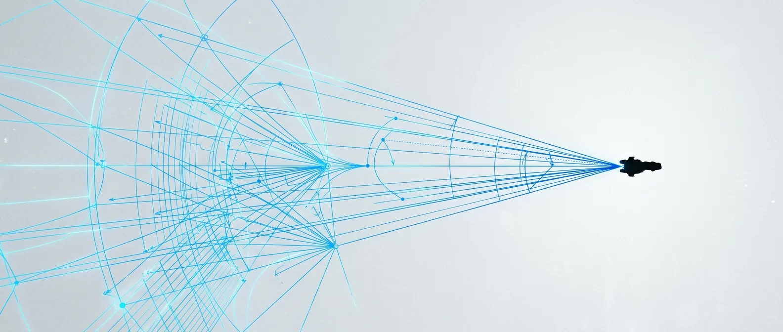 A final geometric firing angle traced in blue light toward a lone silhouette — The Guilt Horizon, Chapter Twenty-Two