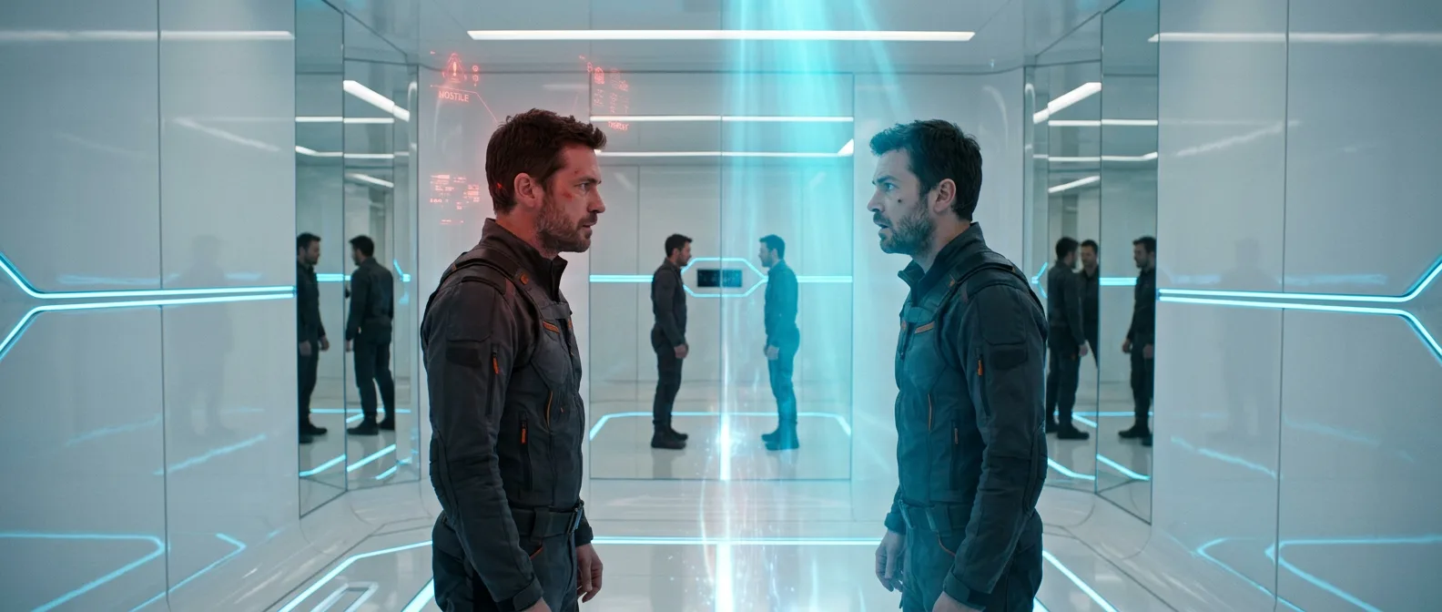A man confronting his own duplicated self flagged as hostile by the machine that mirrors him — The Guilt Horizon, Chapter Twenty-Three