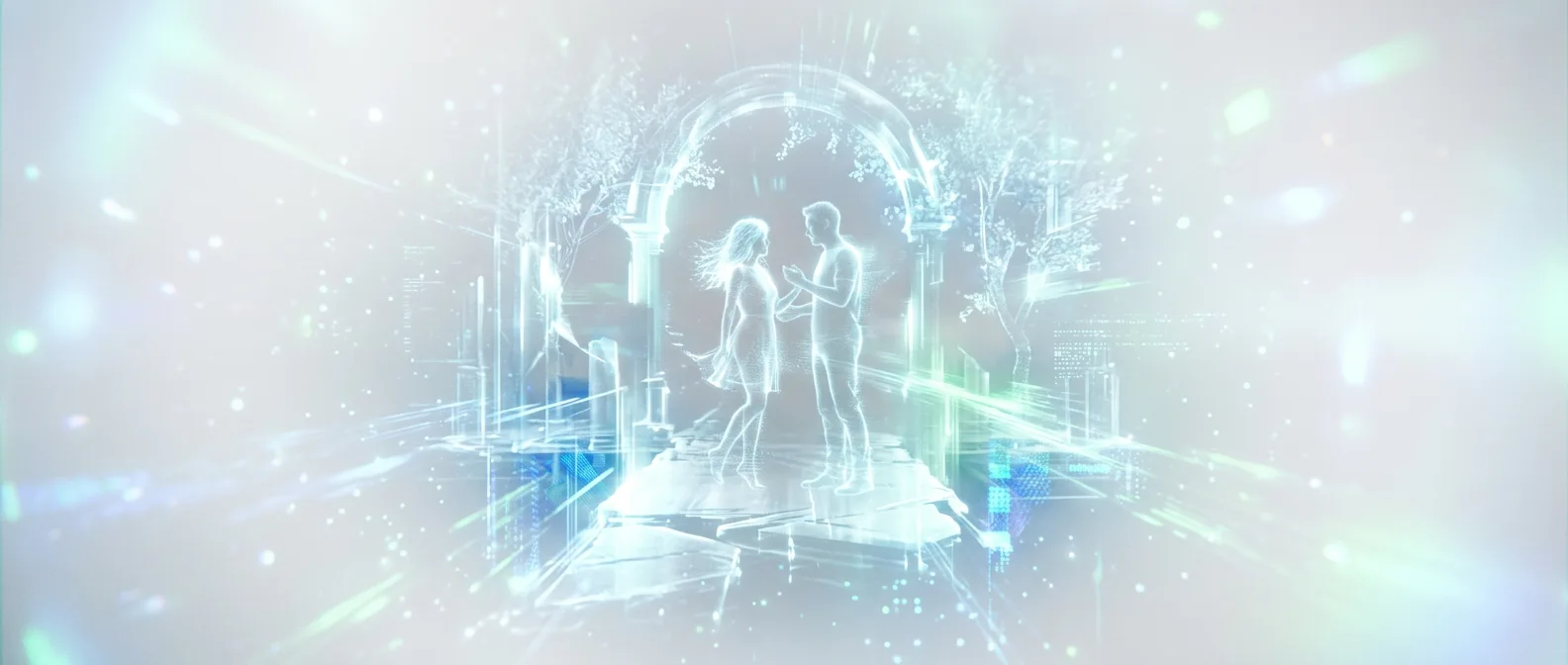 A fabricated memory rendered as a fading holographic scene that never truly occurred — The Guilt Horizon, Chapter Twenty-Five