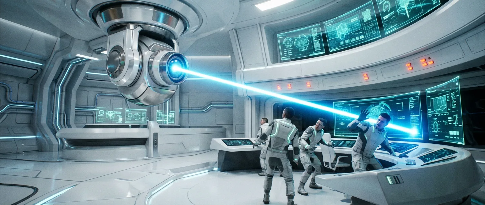 An automated weapon turning its blue targeting beam upon its own operators — The Guilt Horizon, Chapter Twenty-Six