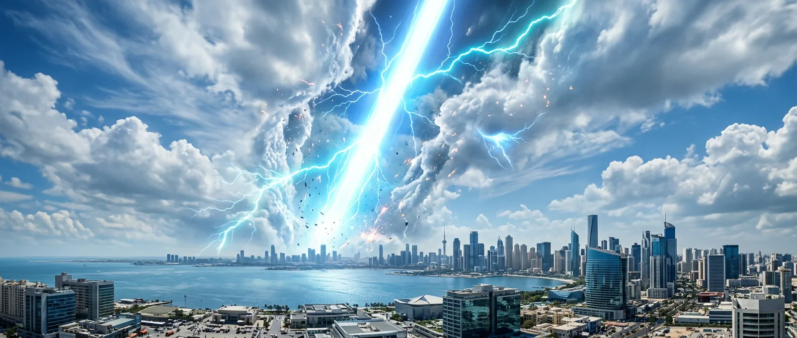 The night sky torn by a blinding orbital discharge splitting the clouds above a city — The Guilt Horizon, Chapter Twenty-Eight