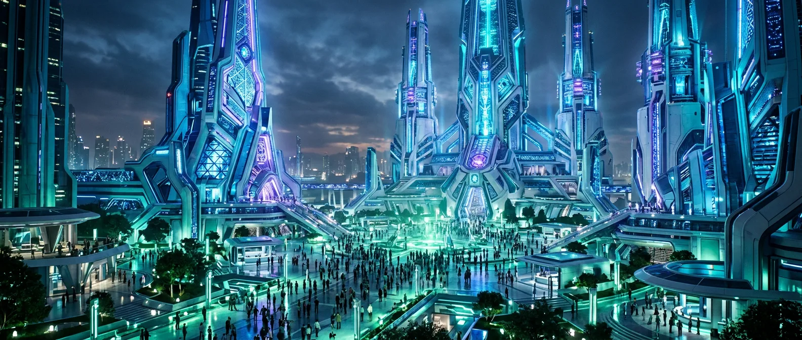 Towering machine-idols of consumption glowing over a hushed crowd of upturned faces — The Guilt Horizon, Chapter Thirty