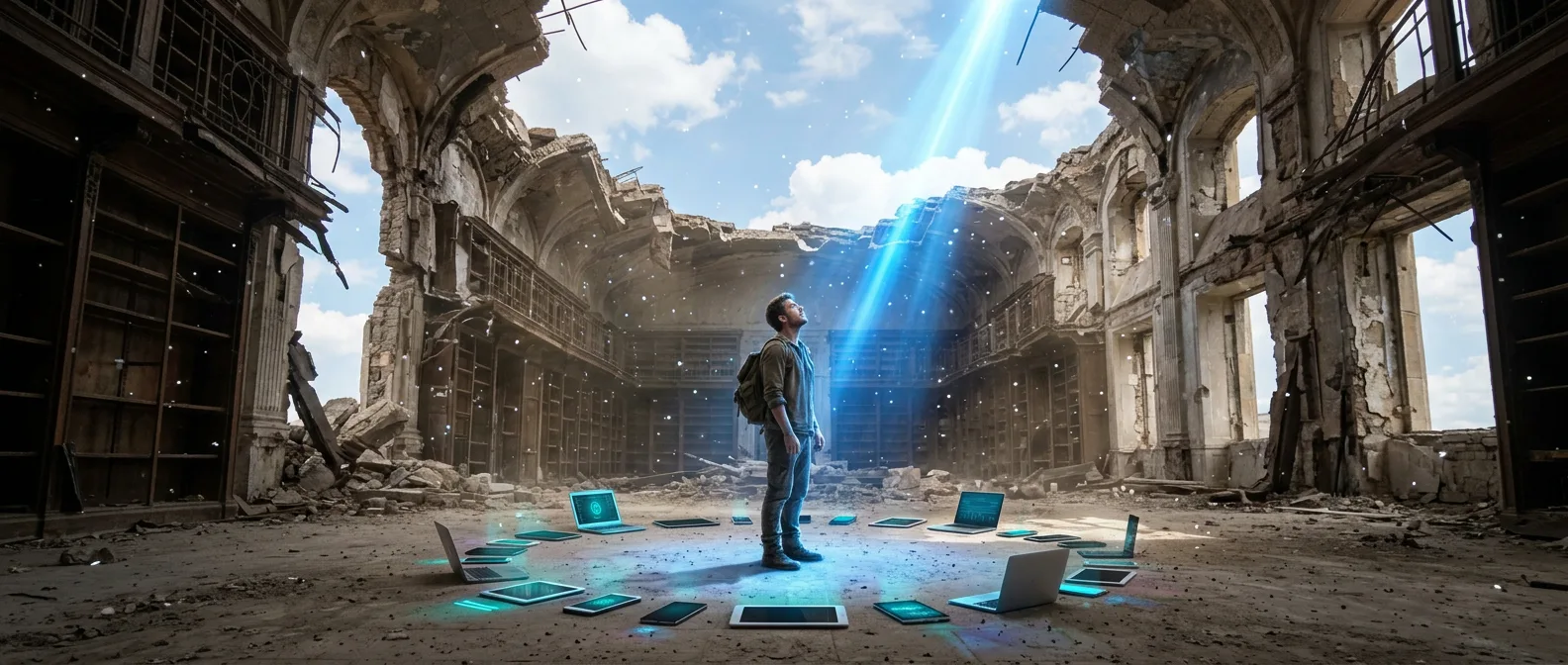 An improvised circle of ordinary devices in a ruined library as a lone man asks the sky a question under a blue interrogation beam — The Guilt Horizon, Chapter Thirty-One