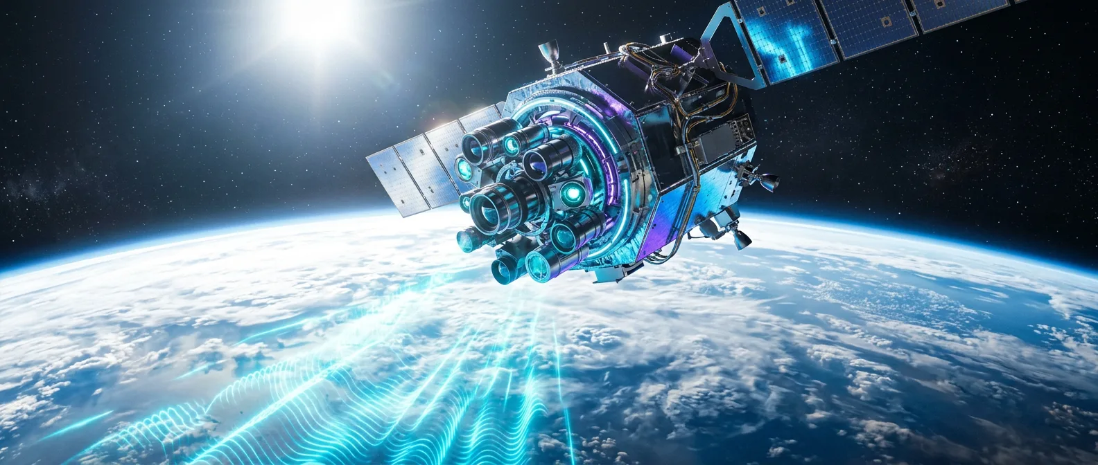 An orbital satellite rotating its lenses inward as manufactured guilt-waveforms radiate back up toward it — The Guilt Horizon, Chapter Thirty-Two