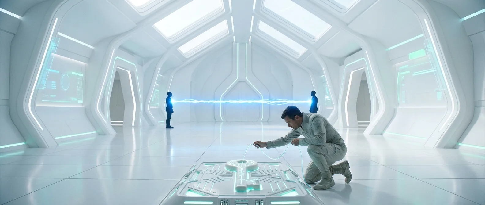 A kneeling man completing a blood circuit on a ceramic key as a red targeting beam halts between two figures — The Guilt Horizon, Chapter Thirty-Three