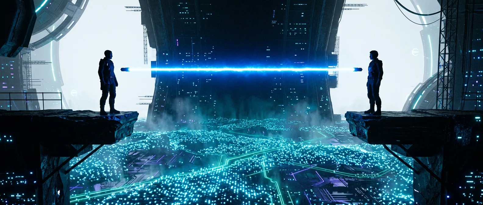 Two silhouettes with a frozen targeting beam suspended between them above a vast neural sea of glowing devices — The Guilt Horizon, Chapter Thirty-Four