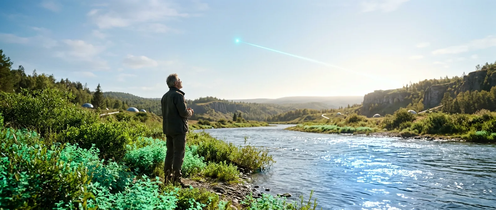 A lone man beside an ordinary river watching a single point of light cross the afternoon sky toward the horizon — The Guilt Horizon, Chapter Thirty-Six