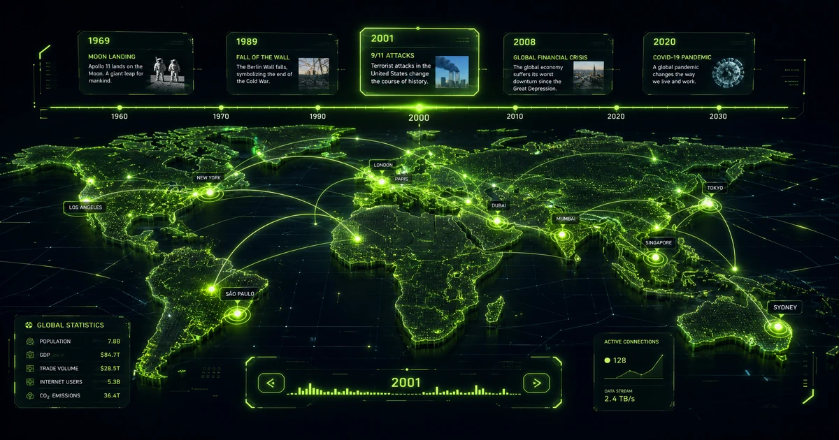 Futuristic visualization of Interactive Timelines, Maps & Explorers