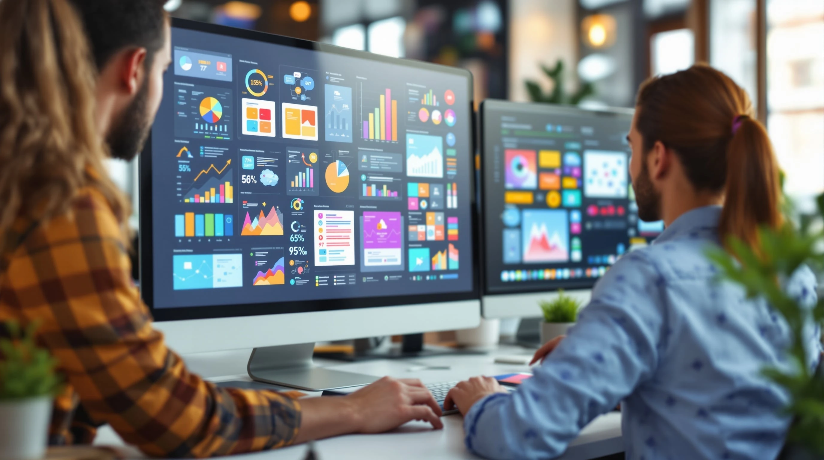 Creative design team producing infographics and visual content with colorful data visualizations for link building campaigns