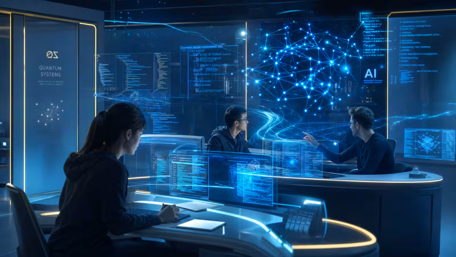 Web Development, Inc. computer scientists in a futuristic R&D laboratory