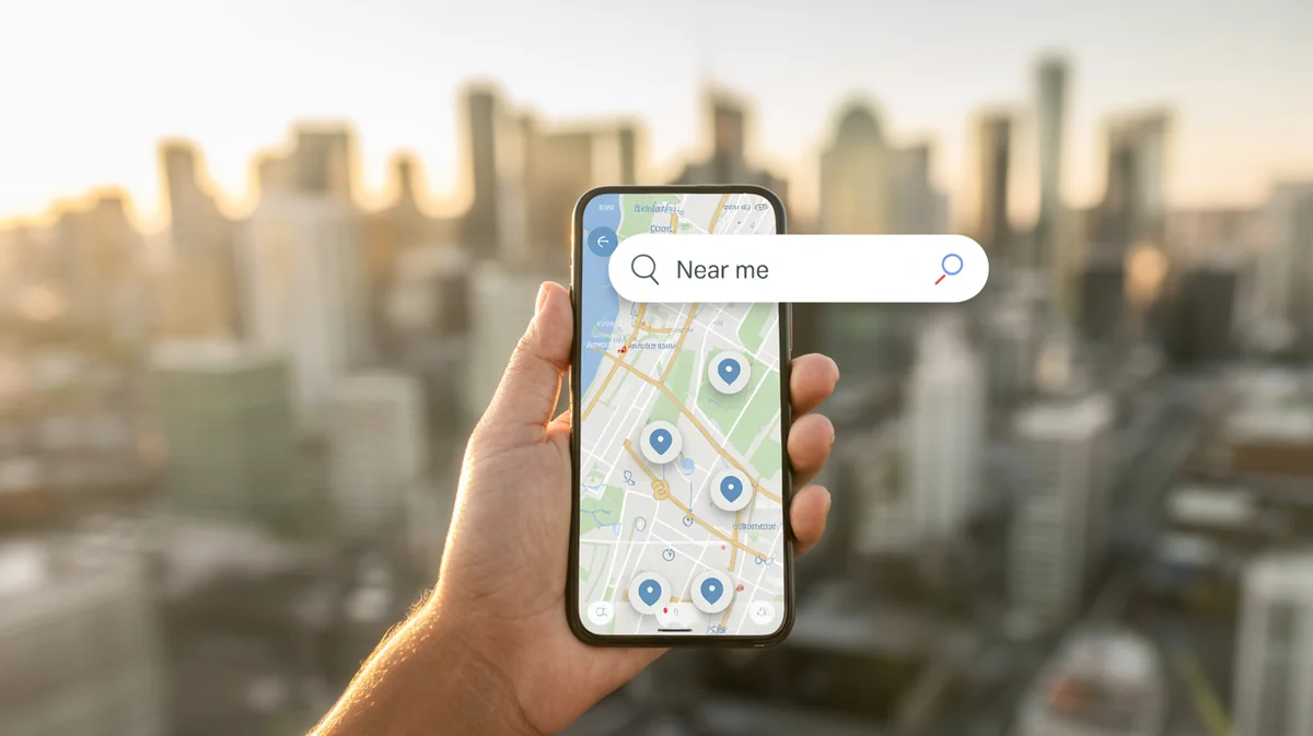 Local AEO near me business search on a smartphone — voice search optimization for local service businesses