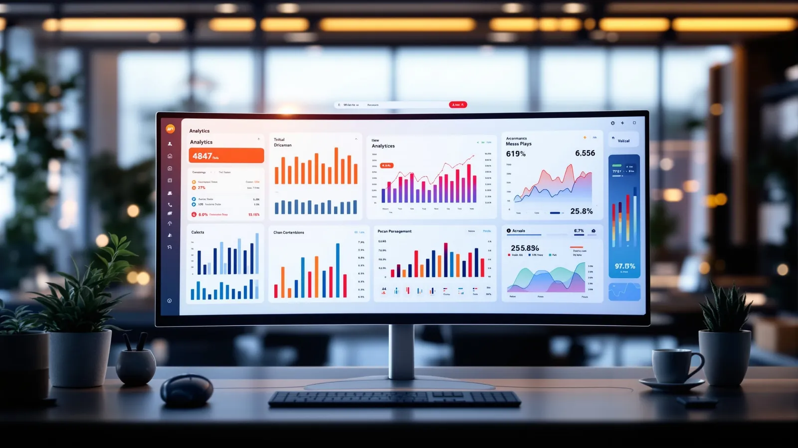 Modern analytics dashboard on an ultra-wide monitor showing AI citation rate, share of voice, and organic performance metrics for the measurement layer
