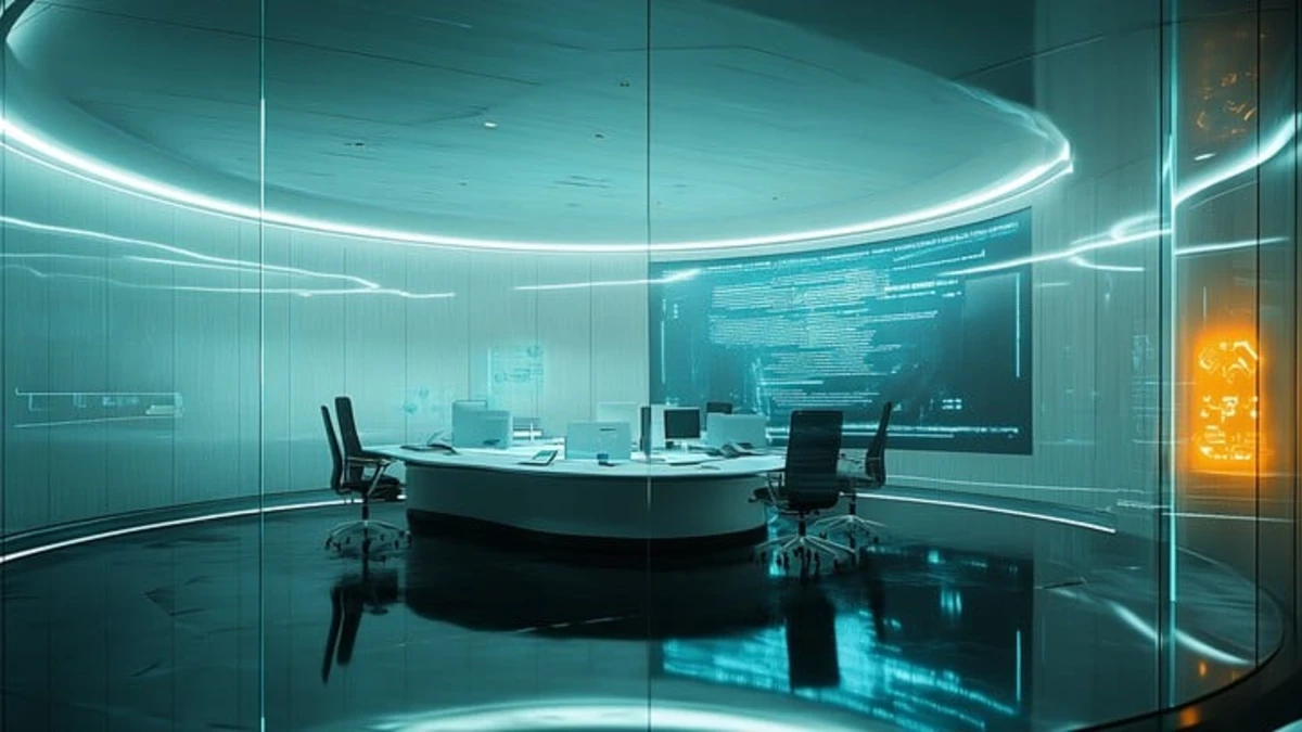 Digital Marketing Co. corporate headquarters showcasing modern, futuristic office environment