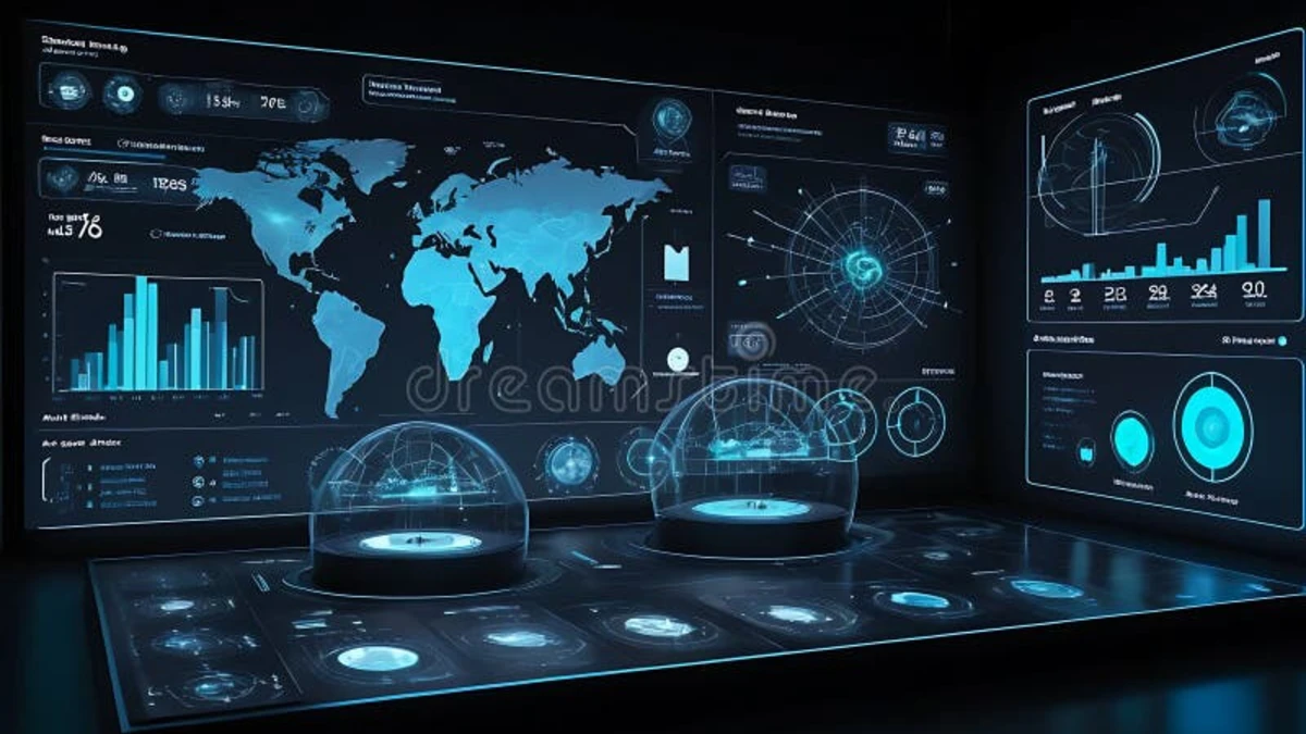 Advanced digital marketing technology and AI-powered analytics dashboard with futuristic data visualizations