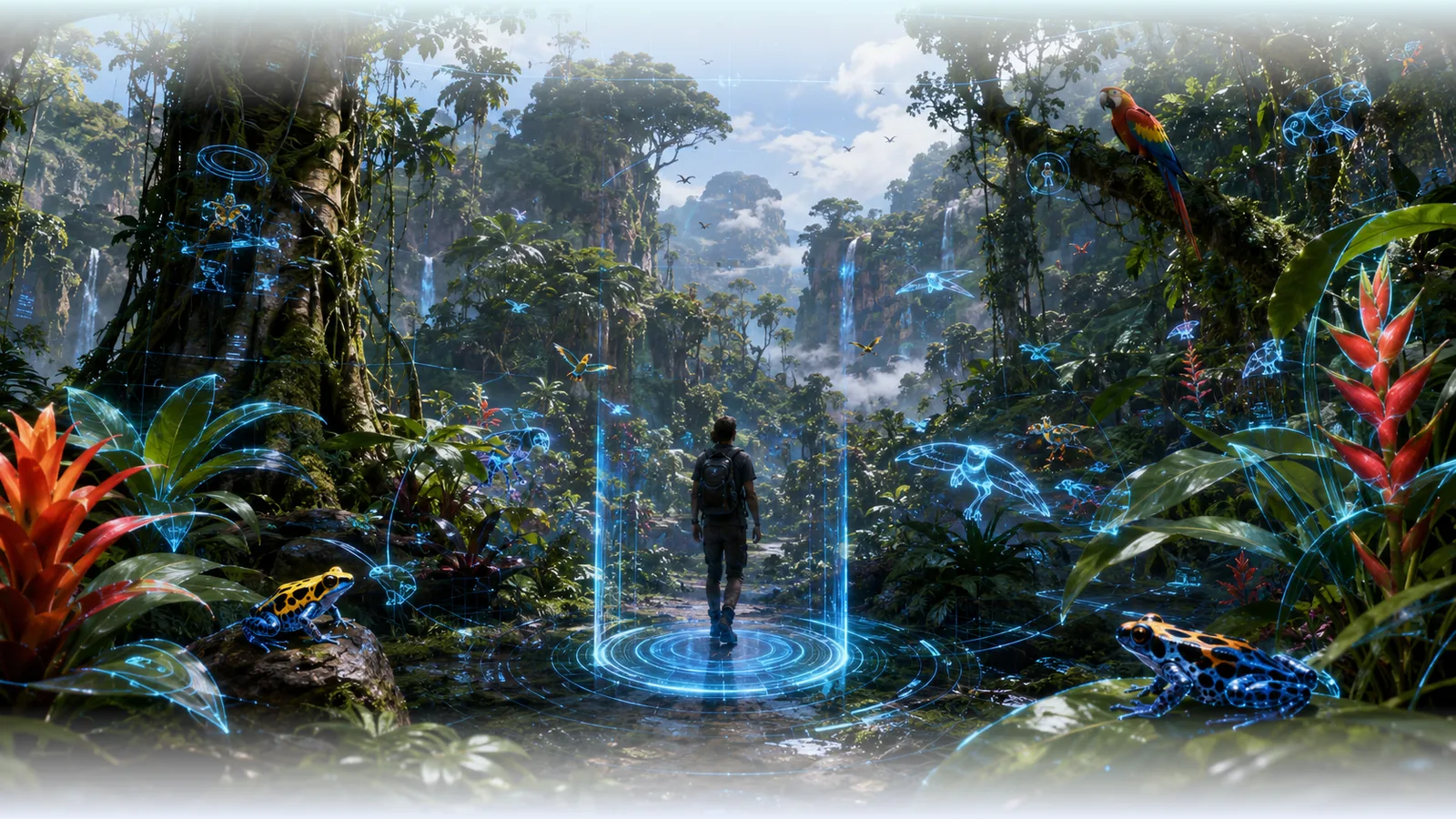 An Amazon rainforest trail with flowers, frogs, and vines as structured objects