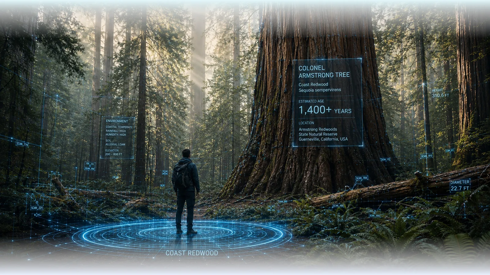 An old-growth redwood grove rendered as liftable ecological objects