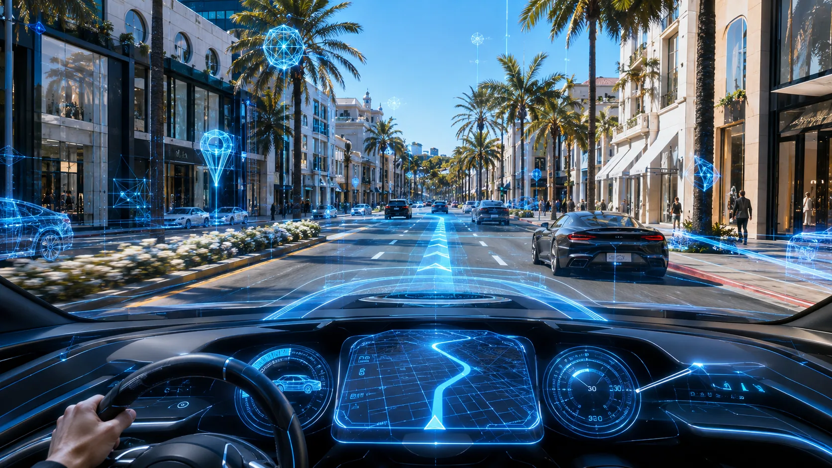 A palm-lined Beverly Hills boulevard reconstructed for holographic driving