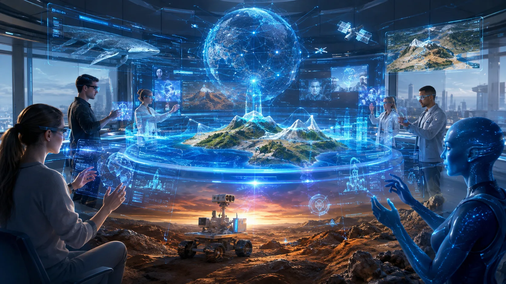 A futuristic holographic collaboration hub with multiple co-present users