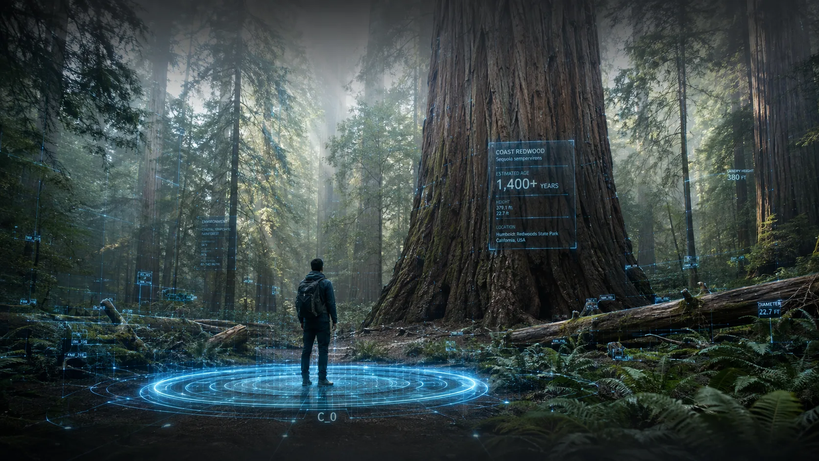 A holographic AR explorer navigating the Colonel Armstrong old-growth redwoods