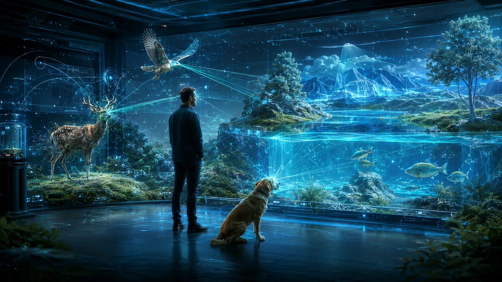 A person and dog observing a holographic wildlife environment rendered through eagle, deer and fish perspectives