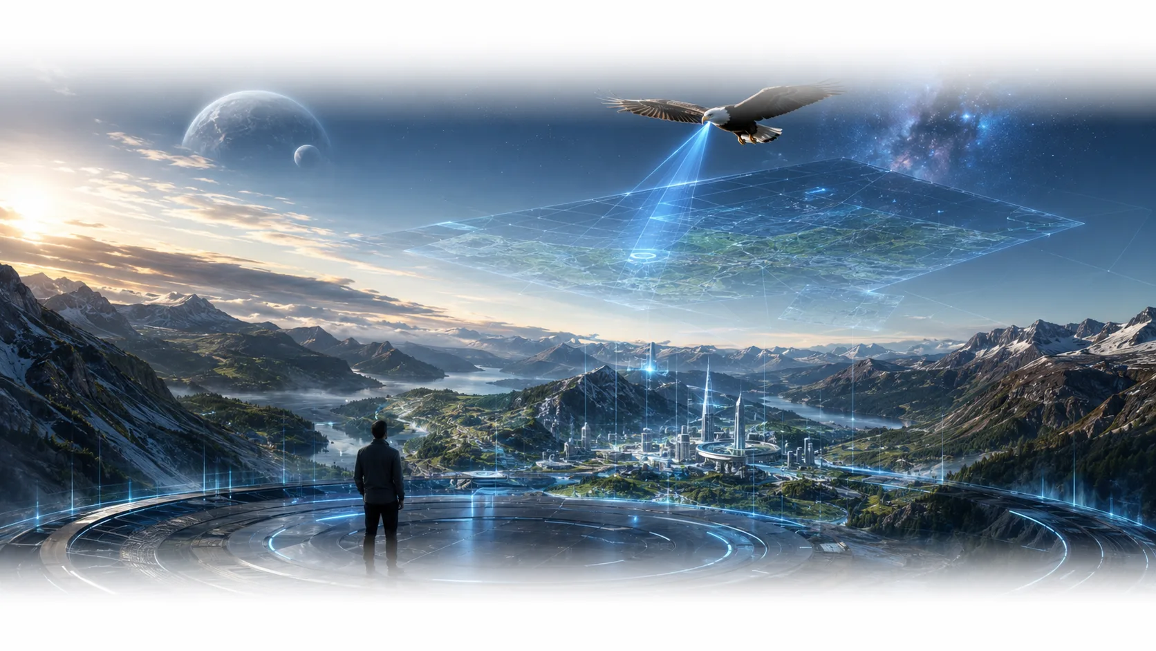 An eagle-guided bird’s-eye holographic valley panorama originating from the bird’s eyes