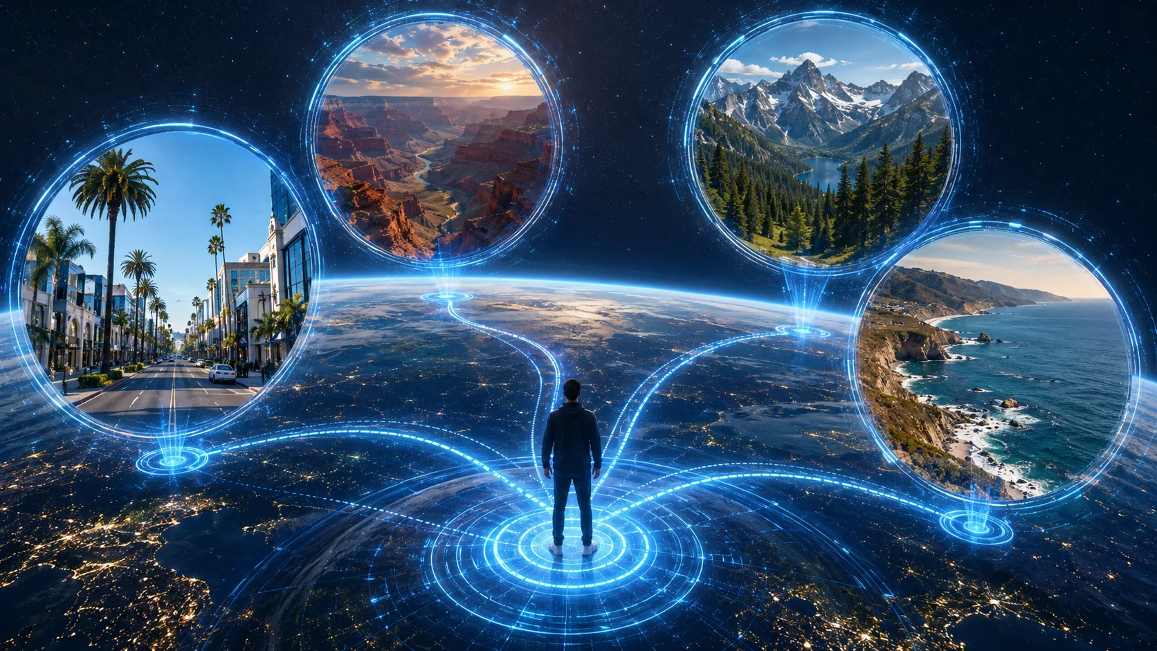 A futuristic Earth travel nexus for selecting holographic destinations