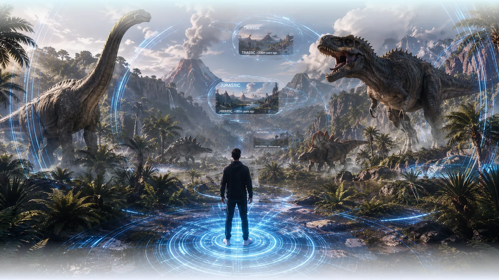 A reconstructed Jurassic landscape with dinosaurs and visible uncertainty