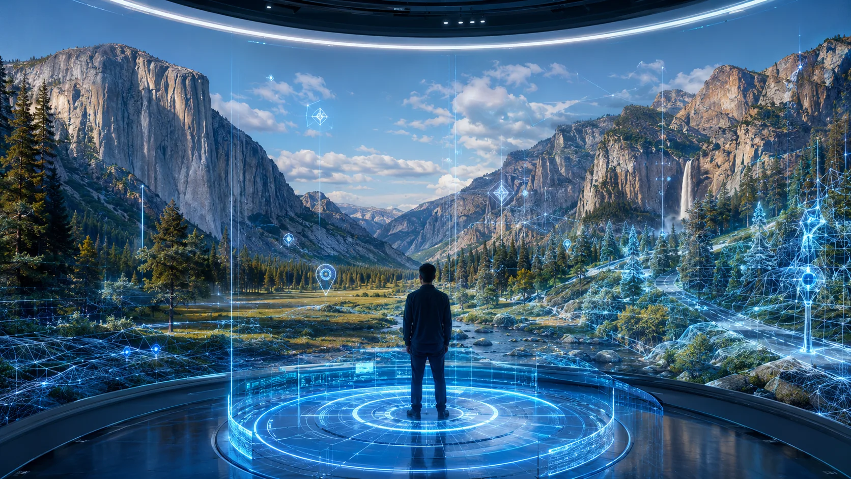 A perceiver standing inside a fixed-center world-anchored holographic observation room