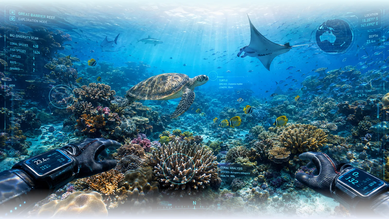 A diver among coral colonies, fish, turtles, and caustic light