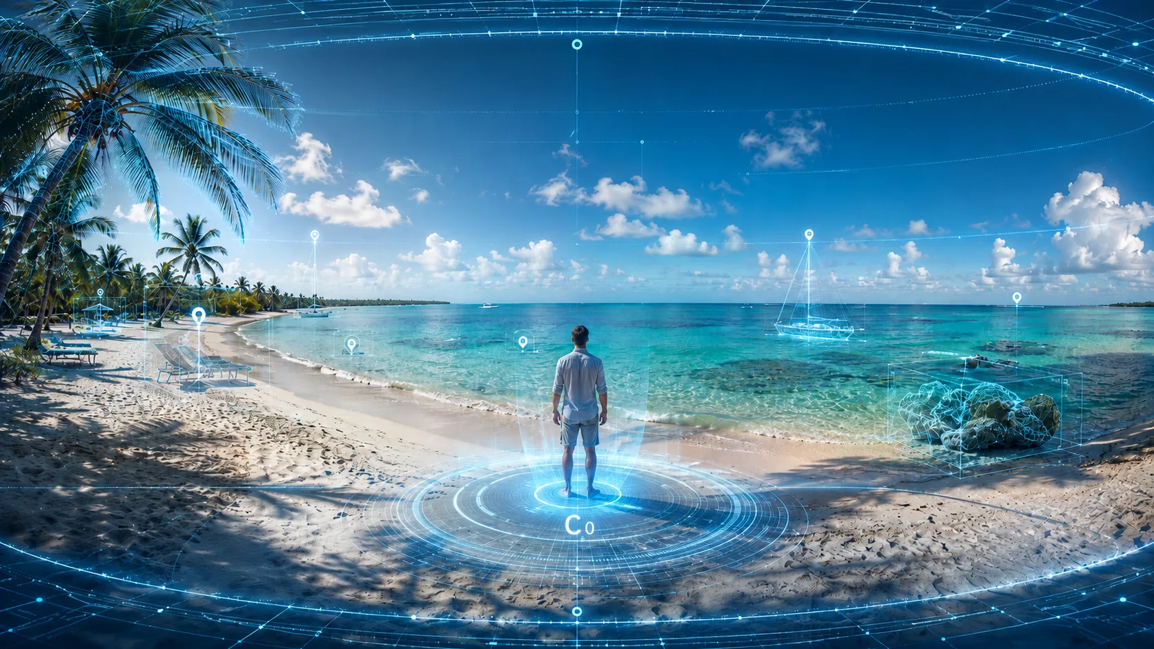 A holographic beachfront coastal exploration environment