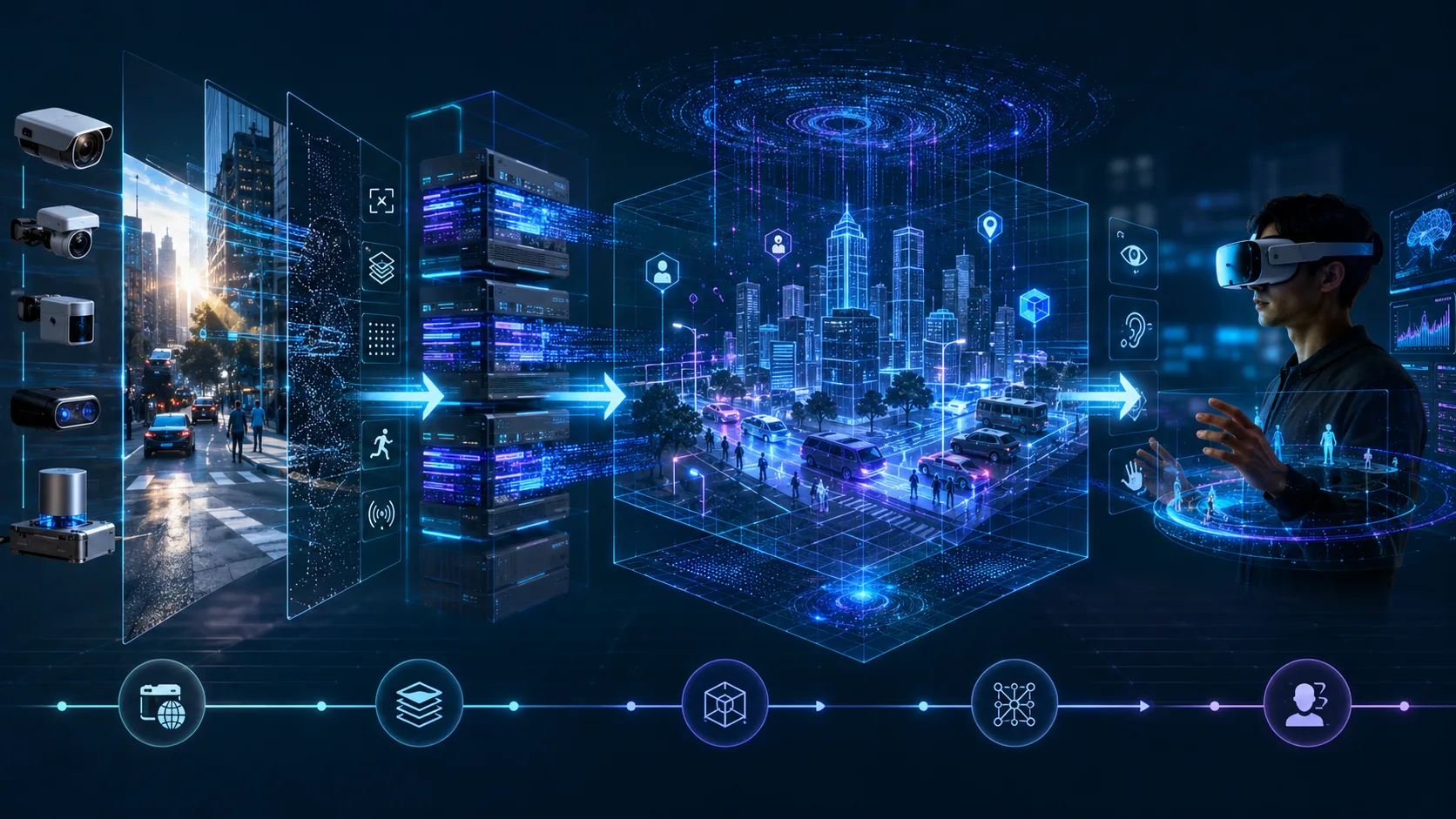 A futuristic capture-to-world reconstruction pipeline turning camera observations into a persistent holographic city