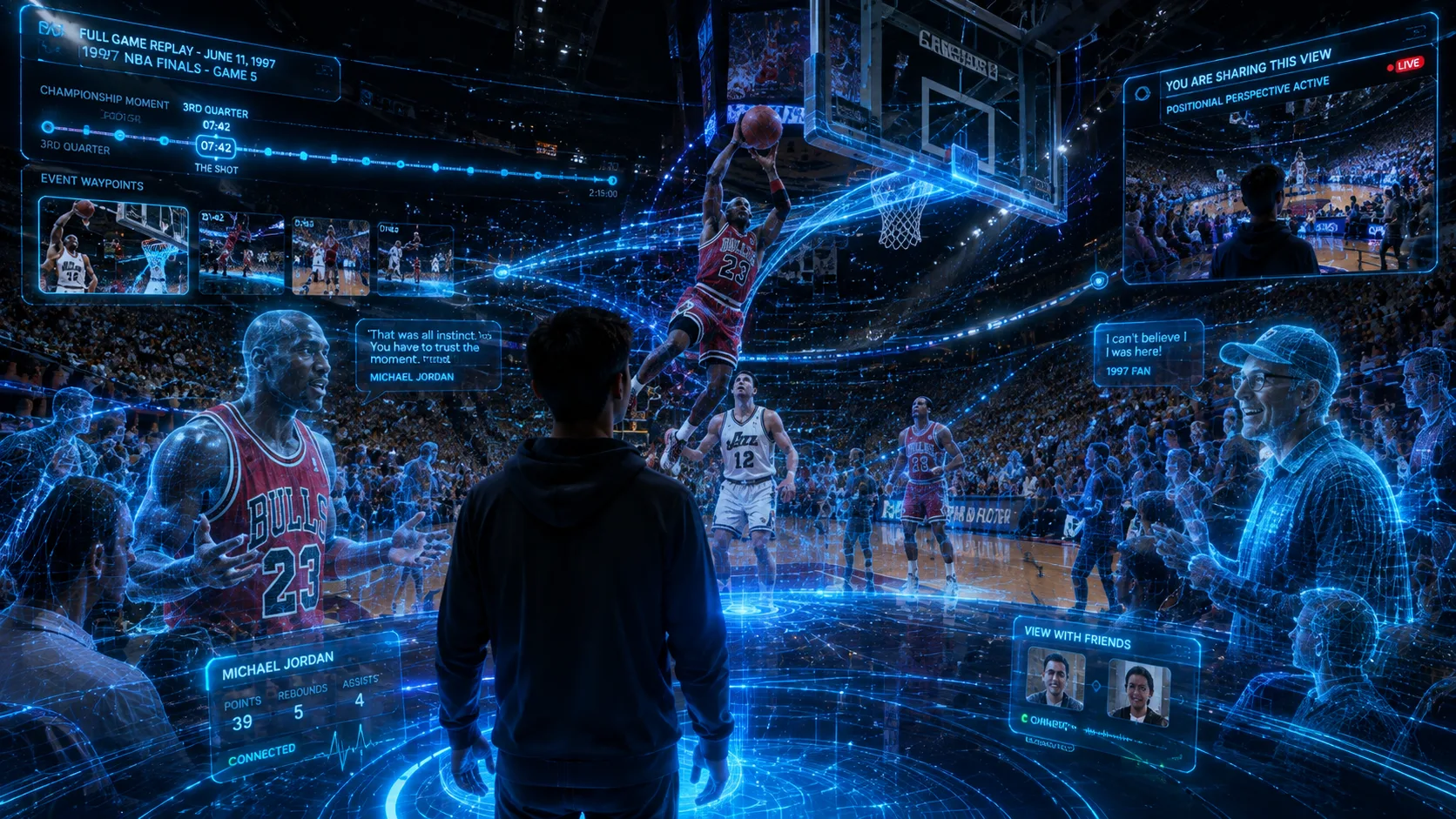 A holographic basketball arena replay with courtside perspective switching