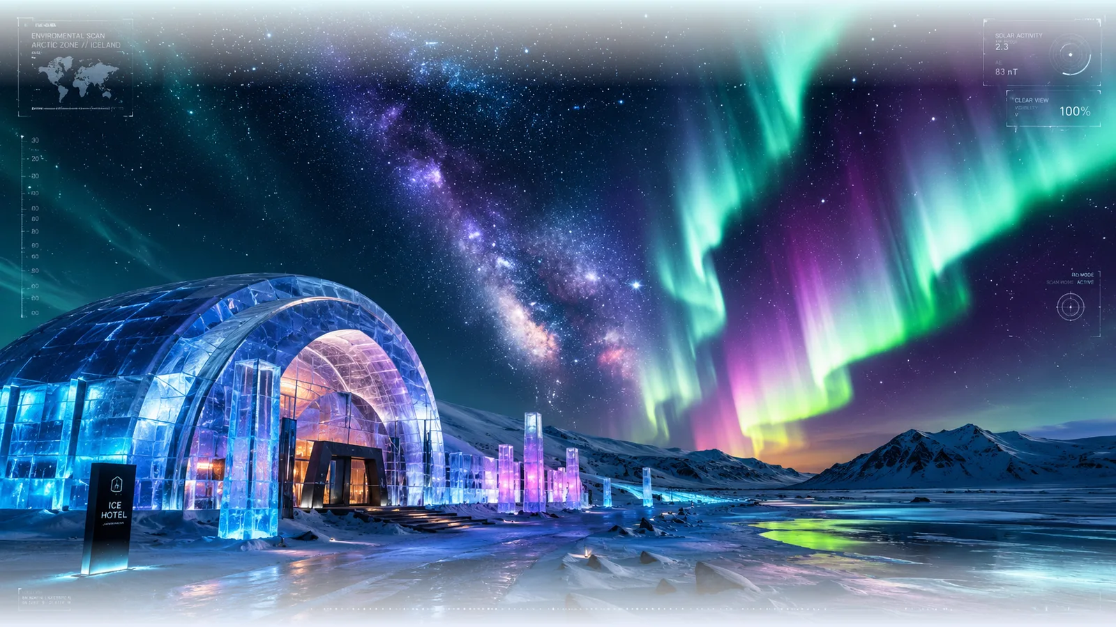 An aurora over a futuristic ice-hotel environment