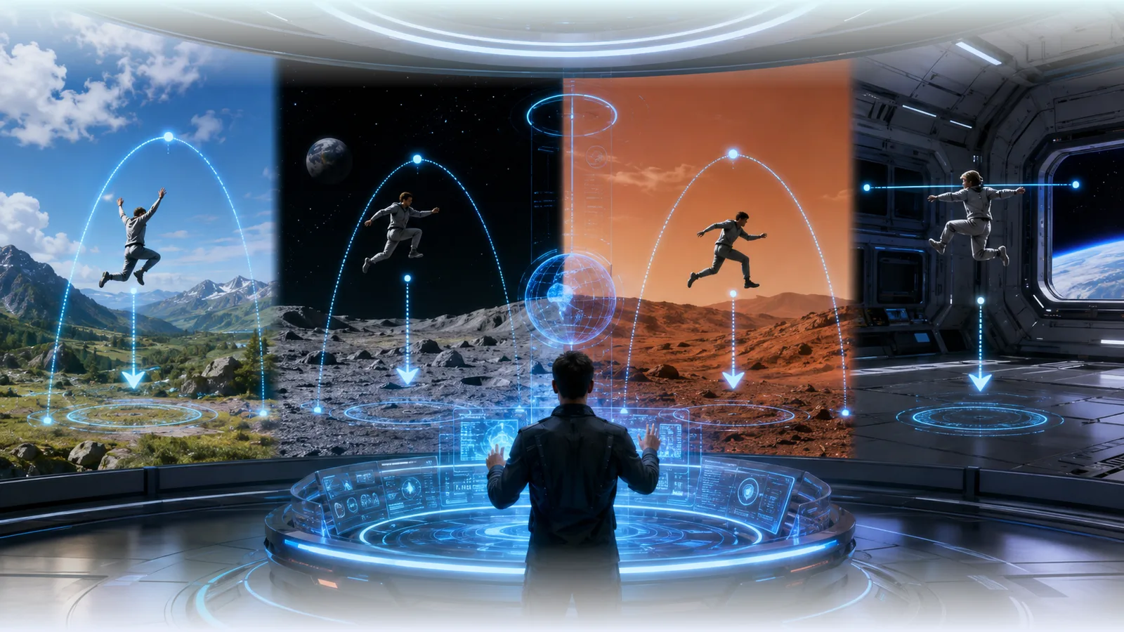 The same jump traced on Earth, the Moon, and in microgravity