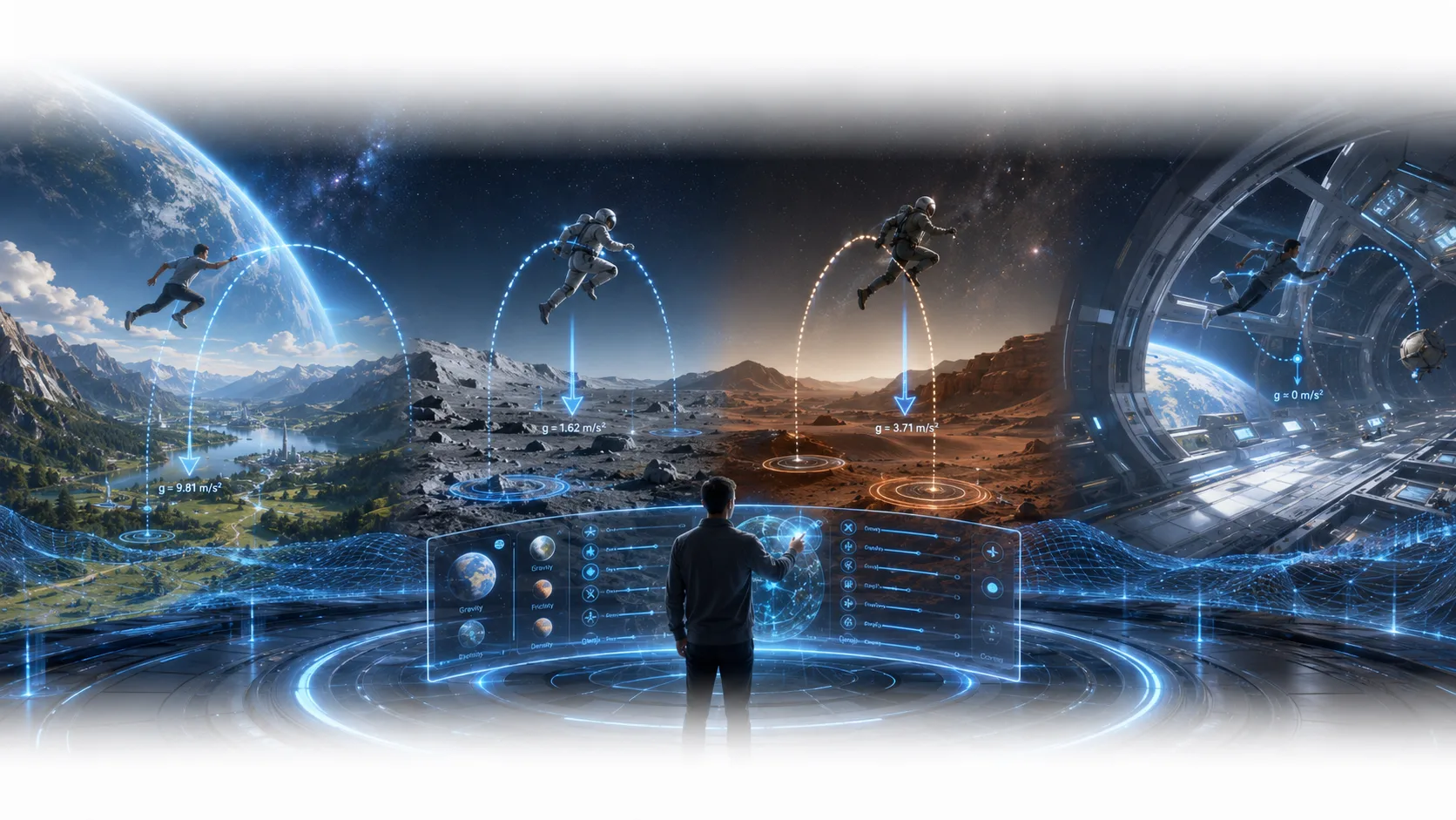 A gravity-simulation observatory demonstrating mutable environment physics